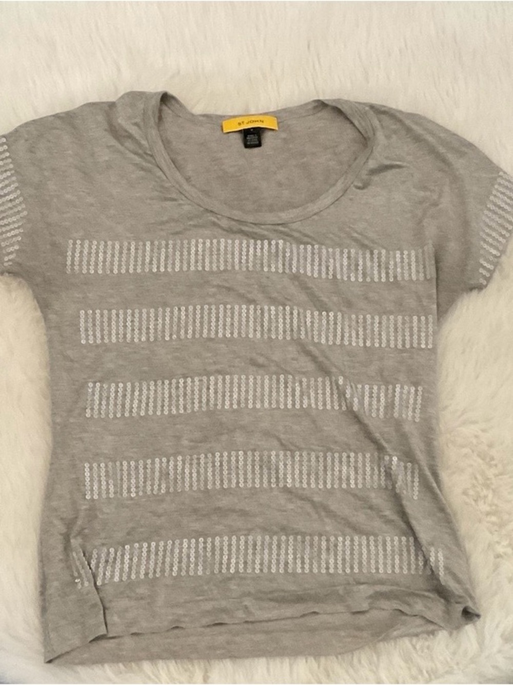 St. John Gray Short Sleeve Tee with Sequin Stripe Detail